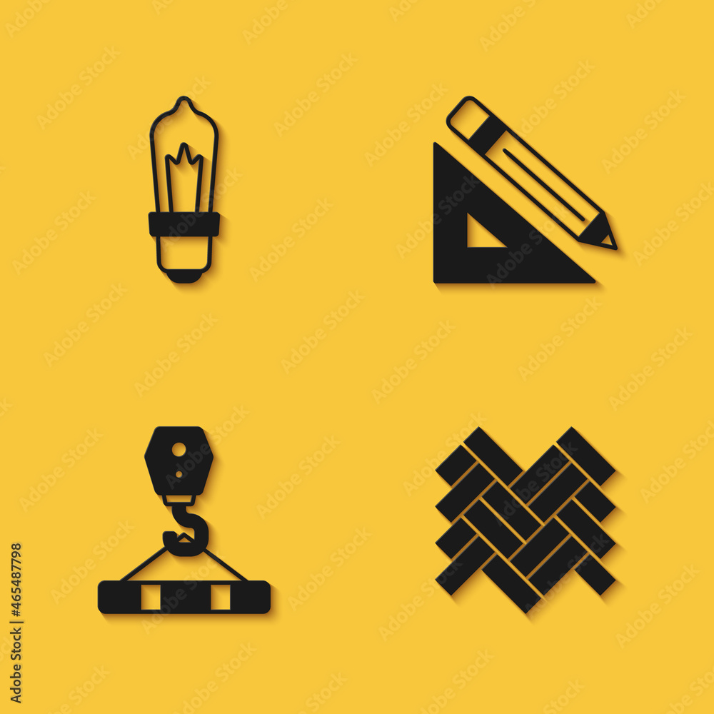 Set Light bulb, Parquet, Crane hook and Triangular ruler and pencil icon with long shadow. Vector Set Light bulb, Parquet, Crane hook and Triangular ruler and pencil icon with long shadow. Vector