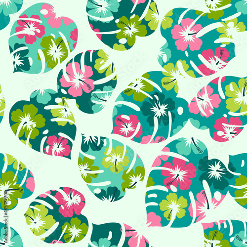 Hibiscus and monstera leaf seamless pattern background.