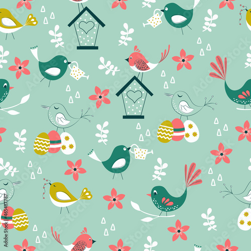 Cute little birds seamless pattern with floral on green background