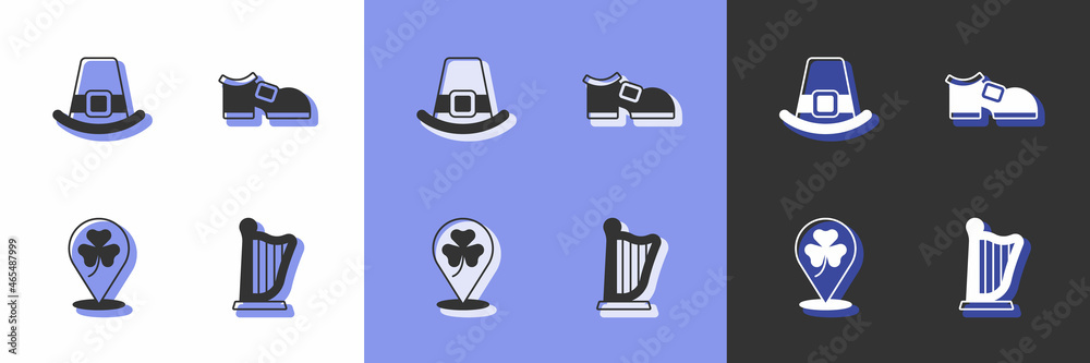 Set Harp, Leprechaun hat, Clover trefoil leaf and boot icon. Vector Set Harp, Leprechaun hat, Clover trefoil leaf and boot icon. Vector