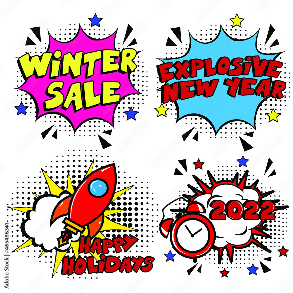 Fototapeta premium Set of pop art comic happy new year vector illustration. Decorative set of backgrounds for Happy New Year. Christmas illustration in retro comic style. New Year background.