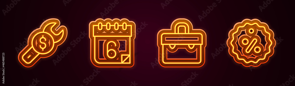 Set line Repair price, Calendar, Briefcase and Discount percent tag. Glowing neon icon. Vector Set line Repair price, Calendar, Briefcase and Discount percent tag. Glowing neon icon. Vector