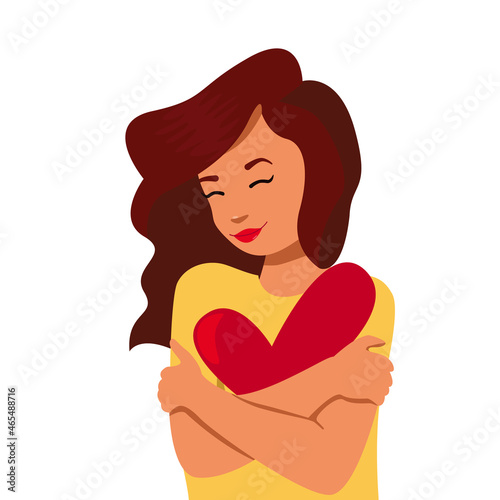 Self love concept  woman hugging herself. Love yourself. Love your body concept. Girl Healthcare Skincare. Take time for your self. Vector illustration. Woman hugging herself with hearts 