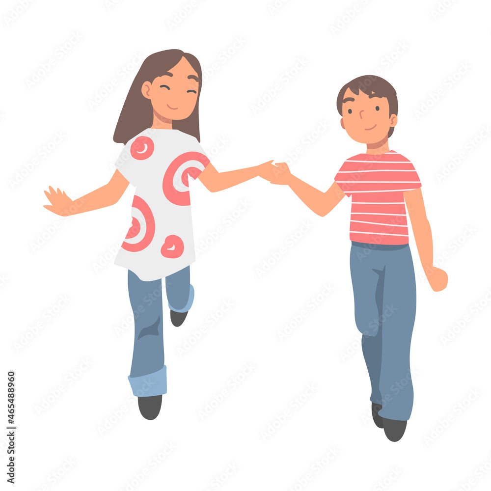 Happy Little Boy and Girl Holding Hands and Walking Together Vector Illustration Happy Little Boy and Girl Holding Hands and Walking Together Vector Illustration