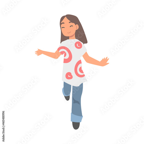 Happy Little Girl Walking Waving Her Hands Vector Illustration