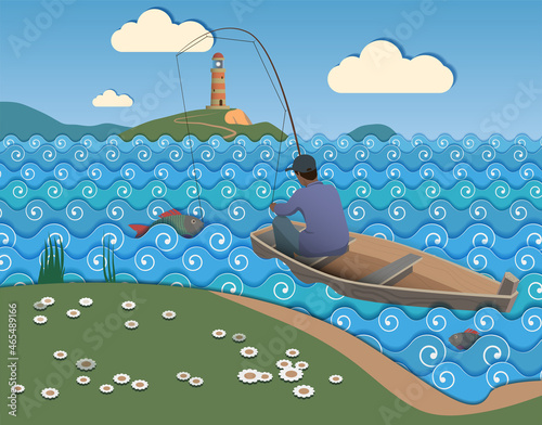 A fisherman on a boat caught a big fish. Vector.