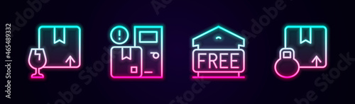Set line Package box with fragile content, Home delivery services, Free storage and Carton cardboard. Glowing neon icon. Vector