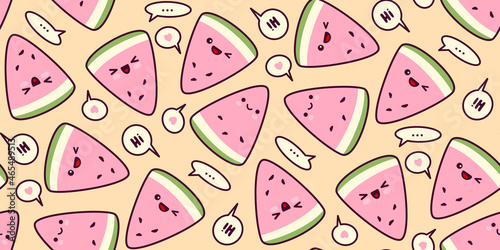 Watermelon seamless pattern in cartoon style. Kawaii fruit print. Kawaii watermelon slices with facial expressions and speech bubbles pattern.