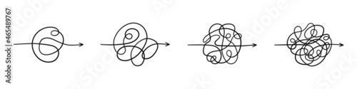 Simplifying process. Chaos path. Different complexity of the business process. Chaos lines with arrows. Hand drawn doodle vector illustration isolated on white background.