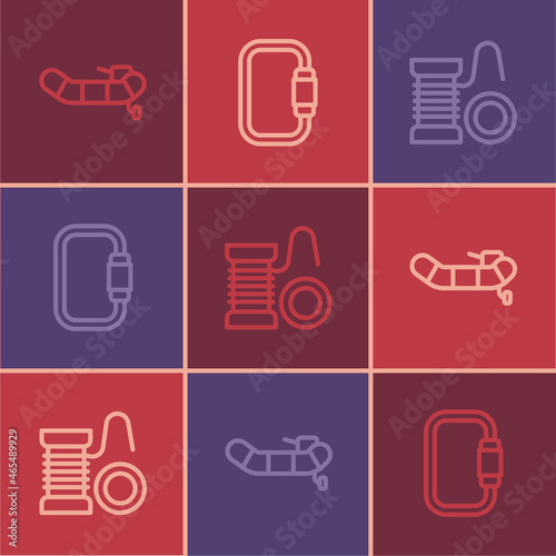 Set line Inflatable boat with motor, Spinning reel for fishing and Carabiner icon. Vector