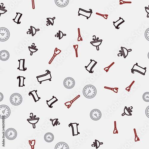 Set line Bathtub, Washbasin, Clock and Handle broom on seamless pattern. Vector