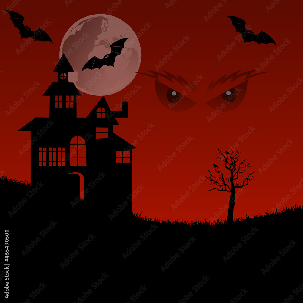 Happy Halloween banner. House in frot of moon with scary eyes