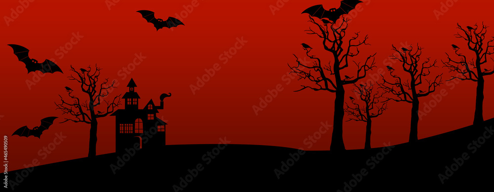 Happy Halloween banner. Trees on hills with bats