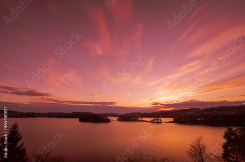 Vibrant pink skies during a sunset in Norway. 