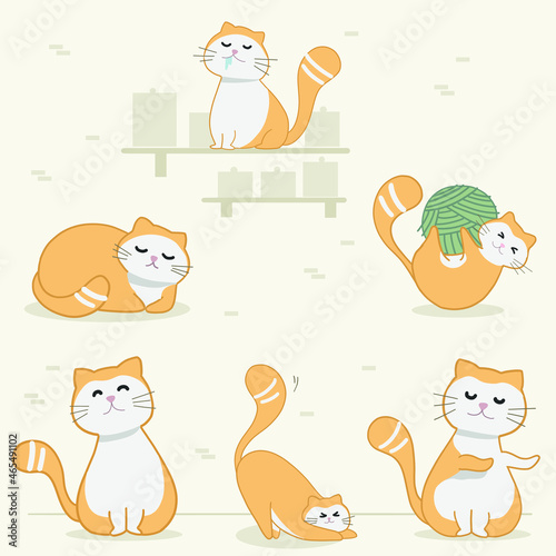 Cats in different positions playing and having fun. Small little pet kittens purring and jumping around. Big set of cat illustrations.