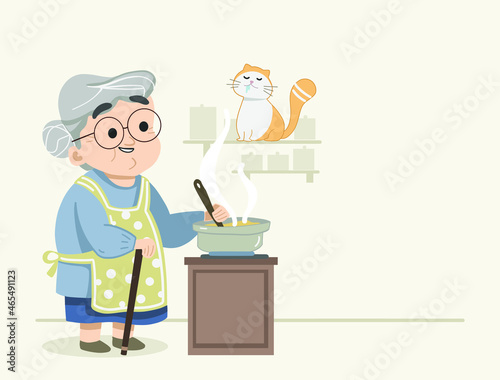 Granny happily cooking food while kitty cat drooling over her food. Cute granny flat vector design. Cute cat and granny scene. Flat isolated vector illustration.