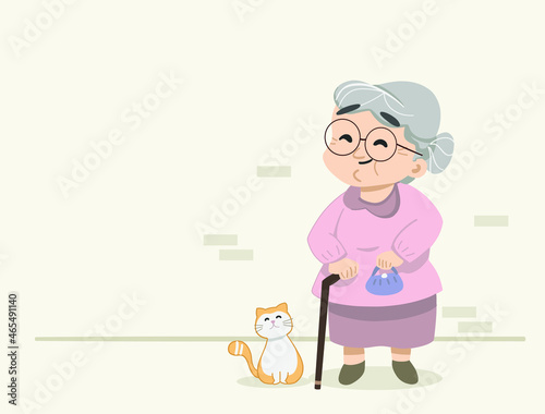 Happy granny with her cat. Grandmother wearing glasses. Cute granny holding purse and cat scene. Flat isolated designed vector illustration.