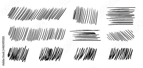 Set of hatching lines diagonal, vertical or parallel strokes. A set of hand drawn hatched strikethrough doodles. Vector stock illustration isolated on white.