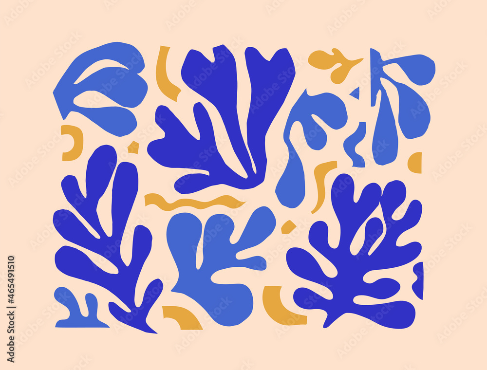 Trending composition of abstract plants, algae inspired by Matisse. Collage scraps of cut paper