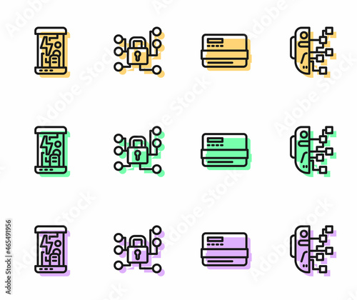 Set line Credit card, Cryogenic capsules, Cyber security and Humanoid robot icon. Vector