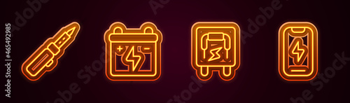Set line Soldering iron, Car battery, Electrical panel and Mobile phone. Glowing neon icon. Vector