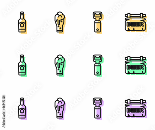 Set line Bottle opener, Beer bottle, Glass of beer and Street signboard with icon. Vector