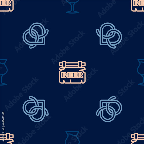 Set line Glass of beer, Pretzel and Street signboard with Beer on seamless pattern. Vector