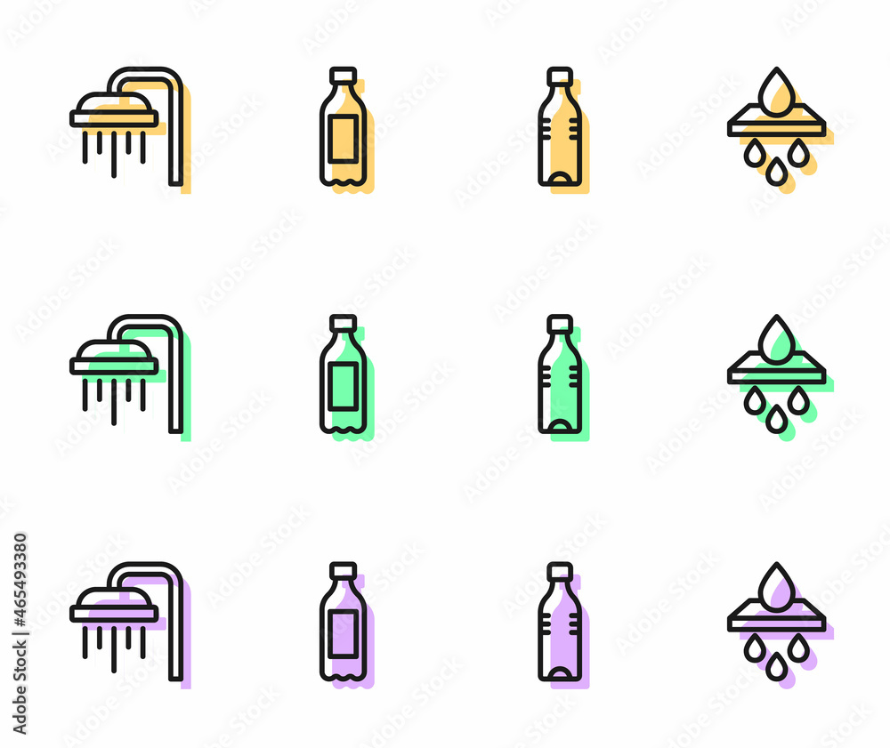 Set line Bottle of water, Shower, and Water filter cartridge icon. Vector Set line Bottle of water, Shower, and Water filter cartridge icon. Vector