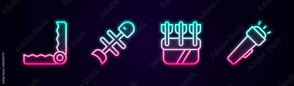 Set line Trap hunting, Dead fish, Quiver with arrows and Flashlight. Glowing neon icon. Vector Set line Trap hunting, Dead fish, Quiver with arrows and Flashlight. Glowing neon icon. Vector