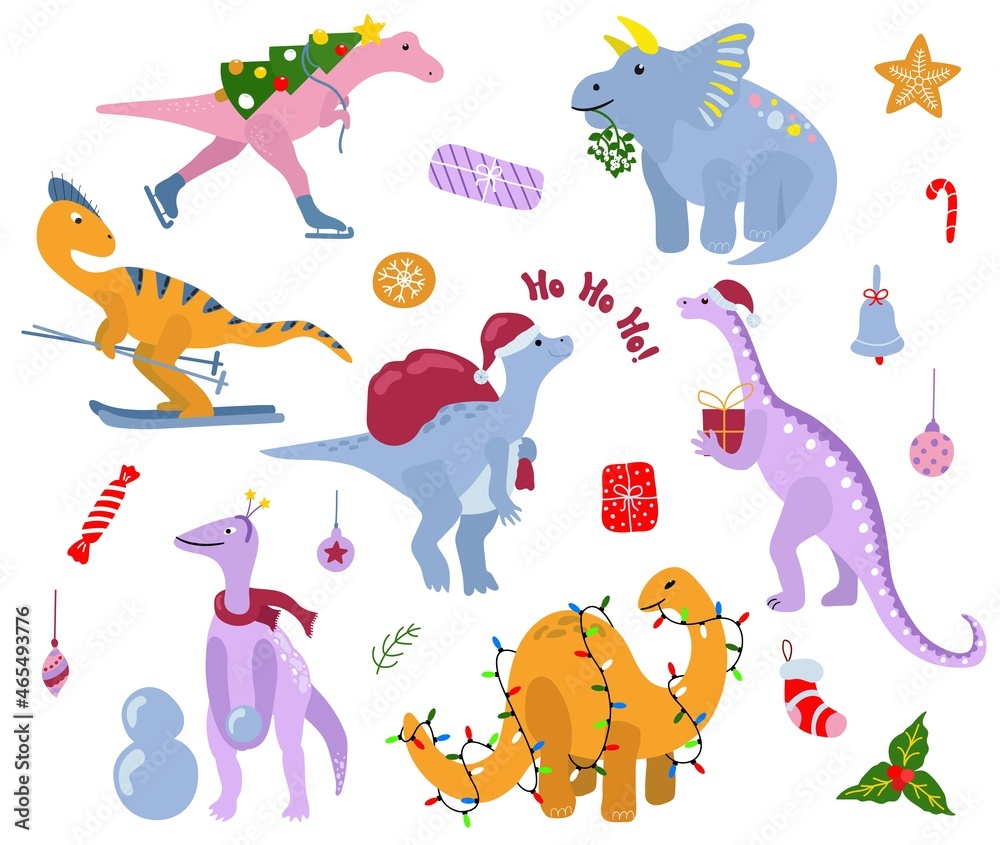 Set of Christmas dinosaurs. Hand-drawn style. White background, isolate. Vector illustration.