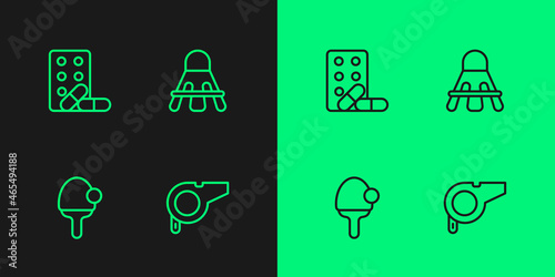 Set line Whistle, Racket, Sports doping with dumbbell and Badminton shuttlecock icon. Vector