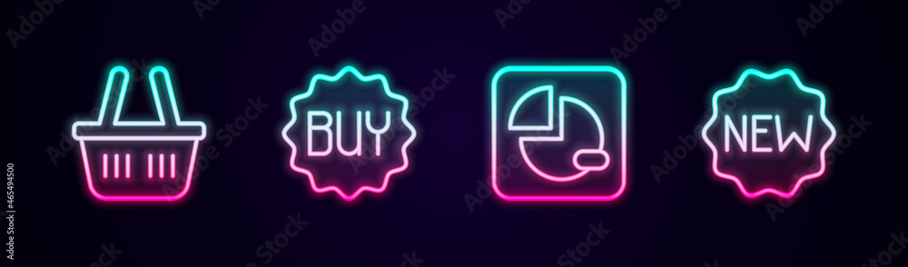 Set line Shopping basket, Buy button, Pie chart infographic and Price tag with New. Glowing neon icon. Vector Set line Shopping basket, Buy button, Pie chart infographic and Price tag with New. Glowing neon icon. Vector