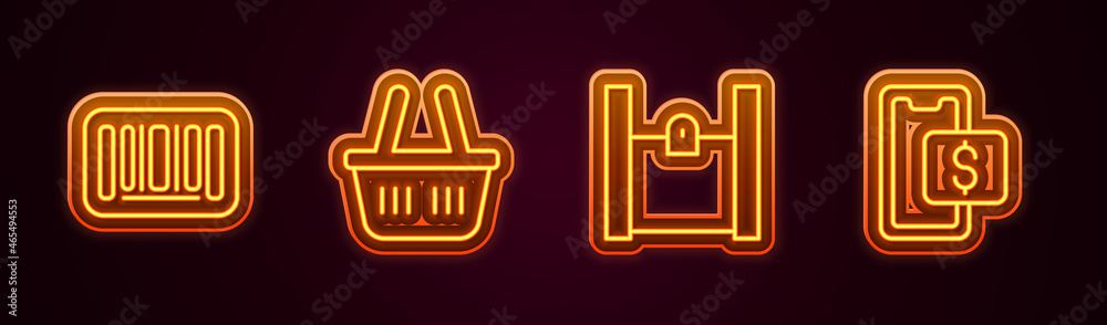 Set line Barcode, Shopping basket, Paper shopping bag and Mobile. Glowing neon icon. Vector Set line Barcode, Shopping basket, Paper shopping bag and Mobile. Glowing neon icon. Vector