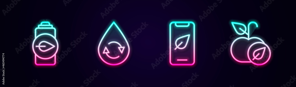 Set line Eco nature leaf battery, Recycle clean aqua, Mobile phone with and Apple. Glowing neon icon. Vector