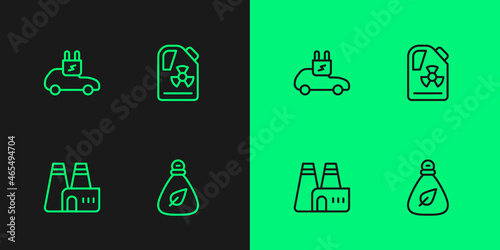 Set line Garbage bag, Factory production, Electric car and Radioactive waste in barrel icon. Vector