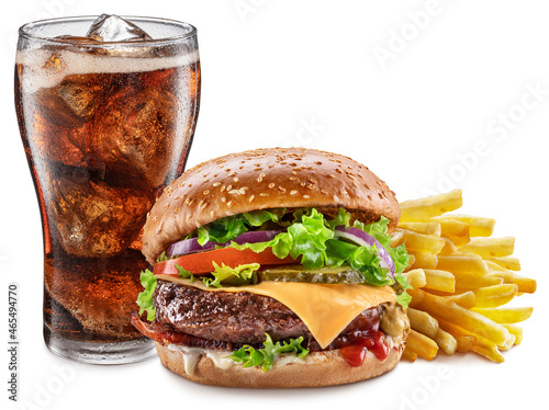 Delicious cheeseburger with cola and potato fries on the white background. Fast food concept.