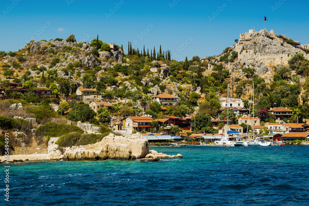 Turkish village Simena near Kekova island, view from the seaside. Explore Turkey