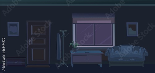 Hallway door and window. Cozy room in a residential building at night. Furniture in the interior. Darkness. Illustration cartoon style flat design. Vector
