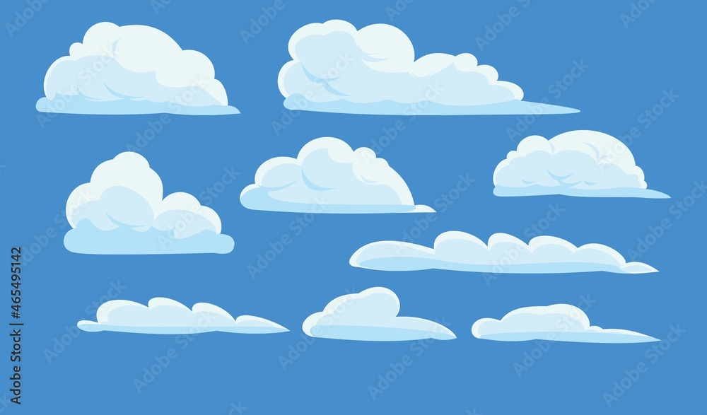 Clouds set. Sky background. Illustration in cartoon style flat design. Isolated on blue. Heavenly atmosphere. Vector Clouds set. Sky background. Illustration in cartoon style flat design. Isolated on blue. Heavenly atmosphere. Vector