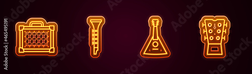 Set line Guitar amplifier, Clarinet, Balalaika and neck. Glowing neon icon. Vector