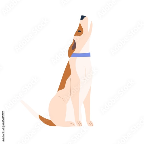 Cute dog howling with muzzle raised up. Funny doggy barking. Puppy pet giving mouth. Canine animal in collar. Flat vector illustration isolated on white background