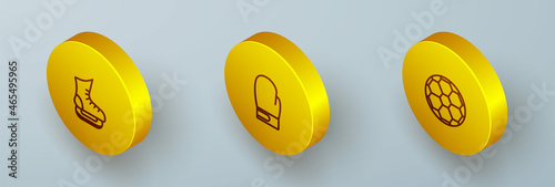 Set Isometric line Skates, Boxing glove and Soccer football ball icon. Vector