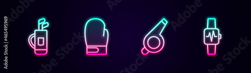 Set line Golf bag with clubs, Boxing glove, Whistle and Smart watch heart. Glowing neon icon. Vector