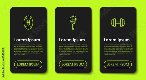 Set line American Football ball, Tennis racket and Dumbbell. Business infographic template. Vector