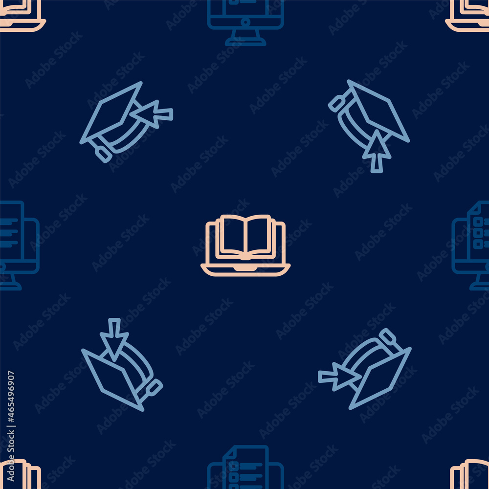 Set line Online quiz, test, survey, Graduation cap with cursor and class on seamless pattern. Vector Set line Online quiz, test, survey, Graduation cap with cursor and class on seamless pattern. Vector