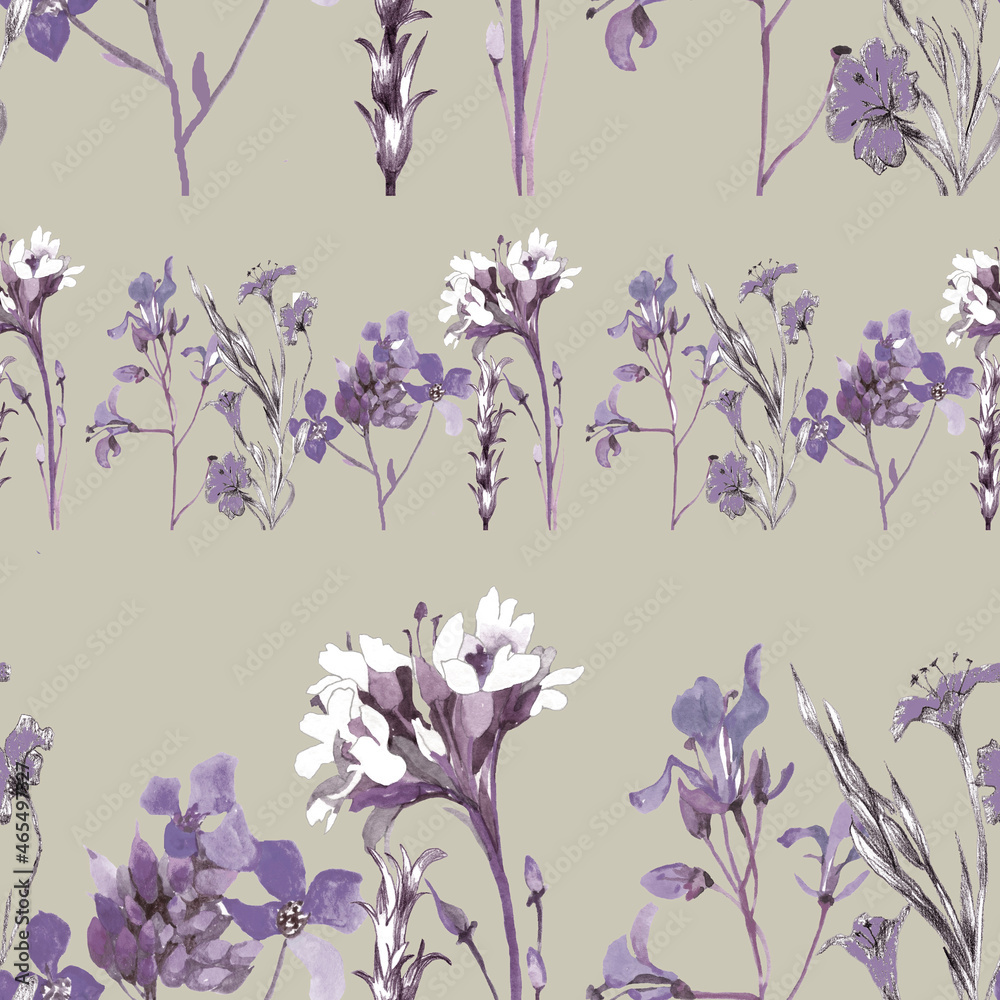 Purple wnd white wildflowers branches on grey background seamless pattern for all prints.