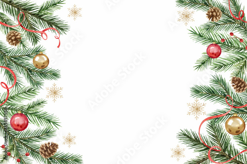 Watercolor vector card with Christmas balls, snowflakes and fir branches.