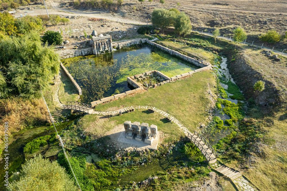The Hittite spring sanctuary of Eflatun Pinar lies about 100 kilometres west of Konya close to the lake of Beysehir in a hilly, quite arid landscape.
