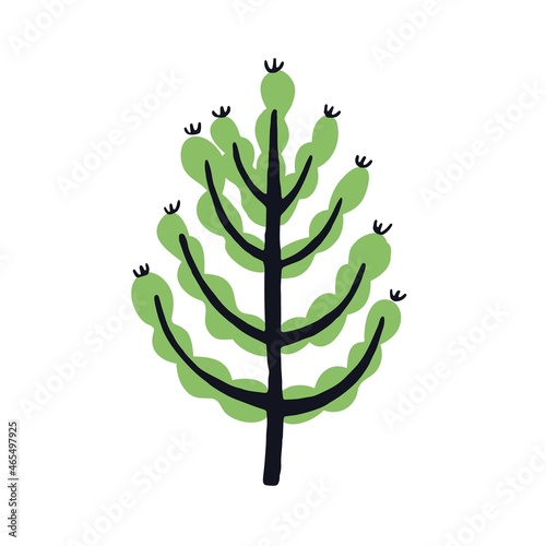 Abstract tree with trunk, branches and leaves in simple doodle style. Naive childish botanical art. Primitive plant drawing. Childrens flat vector illustration isolated on white background