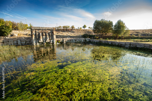 The Hittite spring sanctuary of Eflatun Pinar lies about 100 kilometres west of Konya close to the lake of Beysehir in a hilly  quite arid landscape.